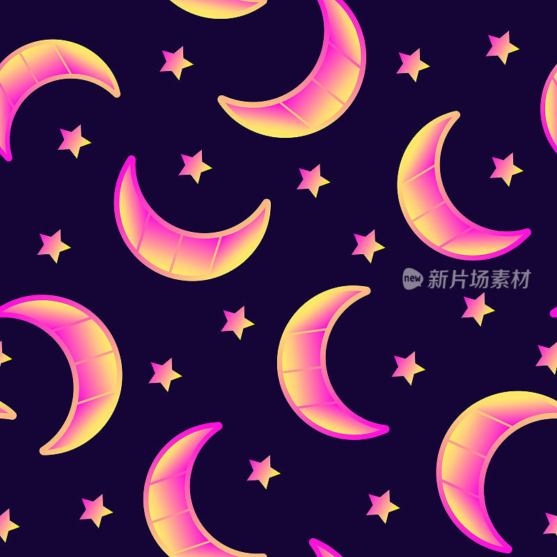 Seamless pattern with gradient yellow and pink colored crescent moons and stars. Vector wallpaper. Pastel goth aesthetics. Dark blue background.